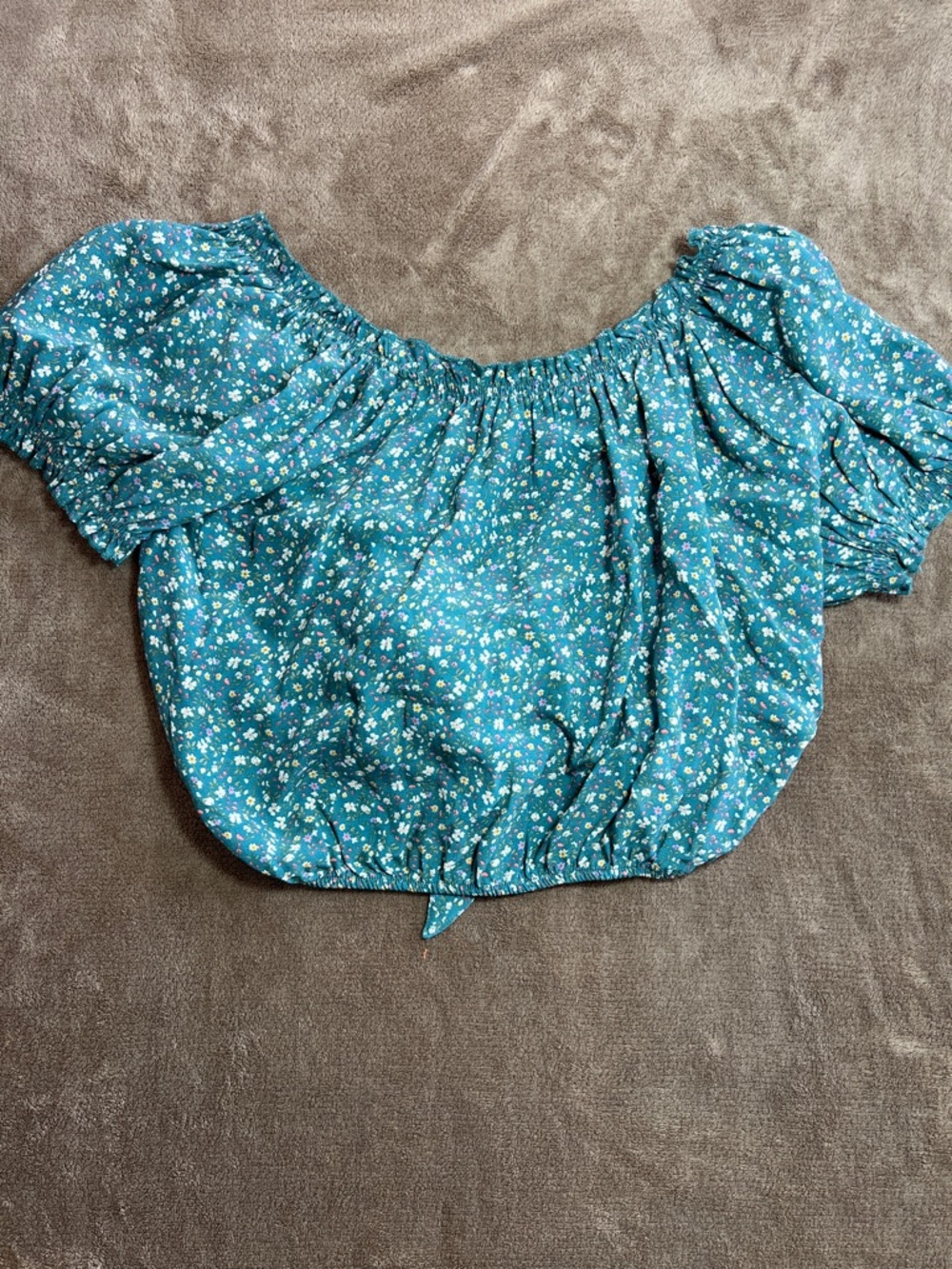 Cottagecore Farmers Market Festival BowTeal Floral Smocked OffShoulder Crop Top